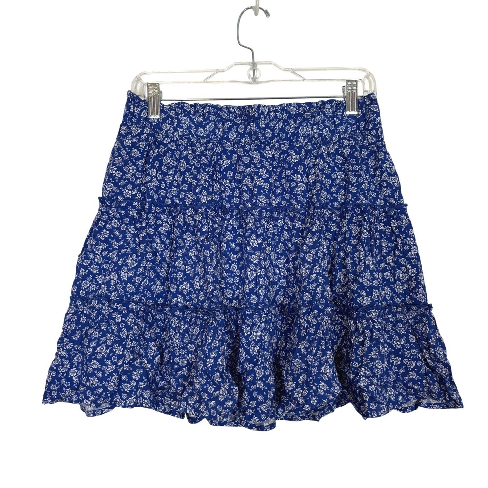 Blue Floral Mini Skirt Womens Large Tiered Boho Coquette Cute Ruffle Beach Girly